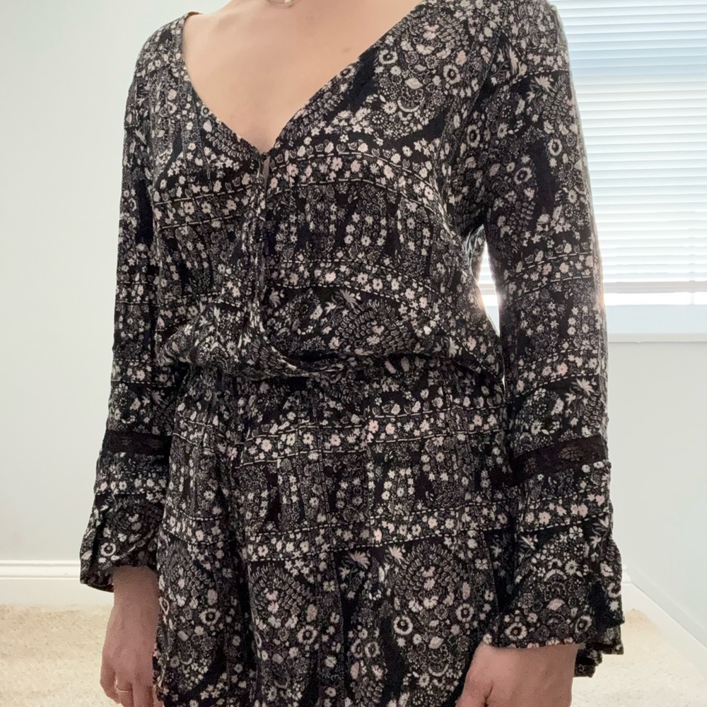 Black Floral Print Long Sleeve Romper